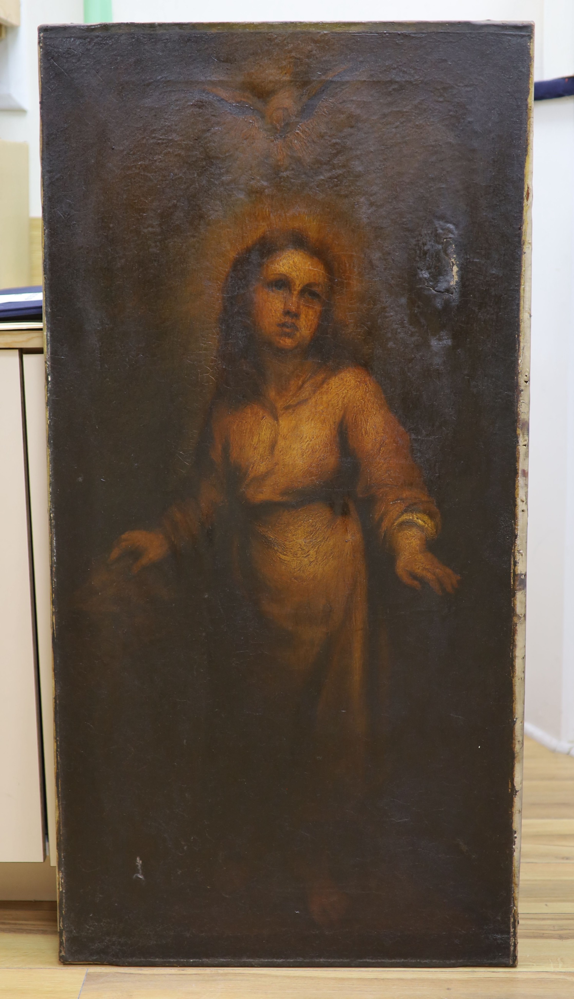 19th century English school, oil on canvas, The Annunciation, 112 x 56 cm, unframed.